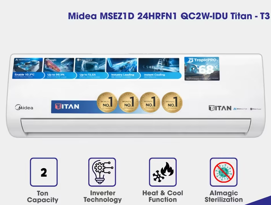 MIDEA-SPLIT-AC-24HRFN1-QC2-INV-EZ1-TITAN-1 Midea MSEZ1D-24HRFN1 QC2W-IDU Titan Inverter AC – 2 Ton – T3 Compressor - Image 1